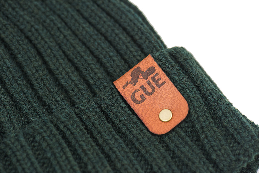 GREEN CABLE KNIT BEANIE WITH LEATHER TAG