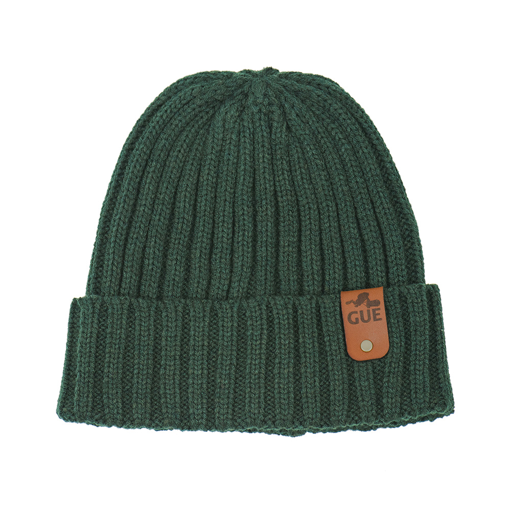 GREEN CABLE KNIT BEANIE WITH LEATHER TAG